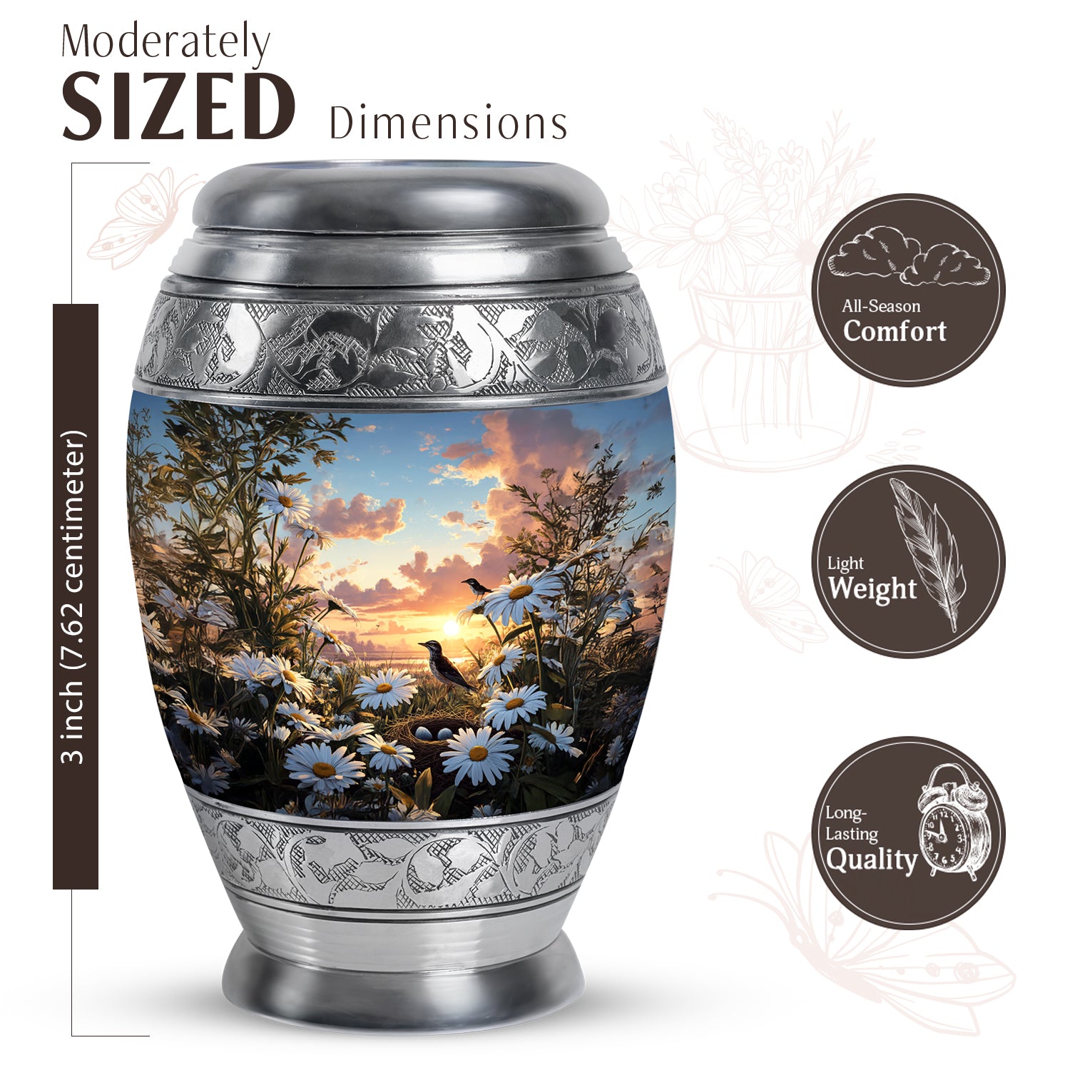 Slate Blue Daisy Cremation Urn lifestyle display on memorial shelf - ornate monarch-style daisy relief on brushed aluminum - mini keepsake memorial for portion of cremation ashes