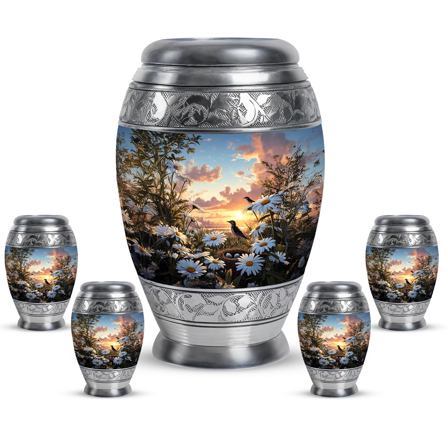 Serene Blue Daisy Cremation Urn detail view - royal daisy engraving with decorative scrollwork - memorial set with one large and four small urns