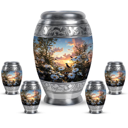 Serene Blue Daisy Cremation Urn detail view - royal daisy engraving with decorative scrollwork - memorial set with one large and four small urns