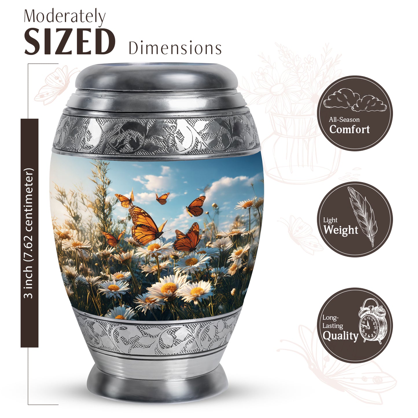 Navy Blue Daisy Cremation Urn lifestyle display on memorial shelf - regal daisy design with crown-inspired accents - mini keepsake memorial for portion of cremation ashes