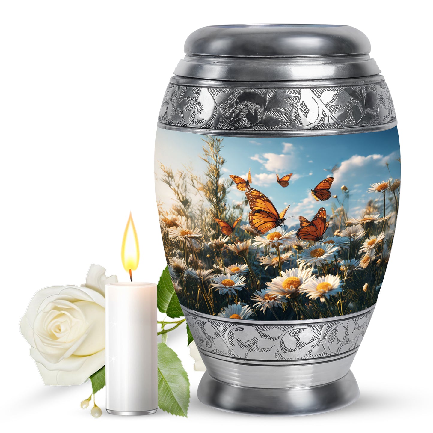 Navy Blue Daisy Cremation Urn back view with polished surface - regal daisy design with crown-inspired accents - full-size 10 inch 200 cubic inch adult cremation urn
