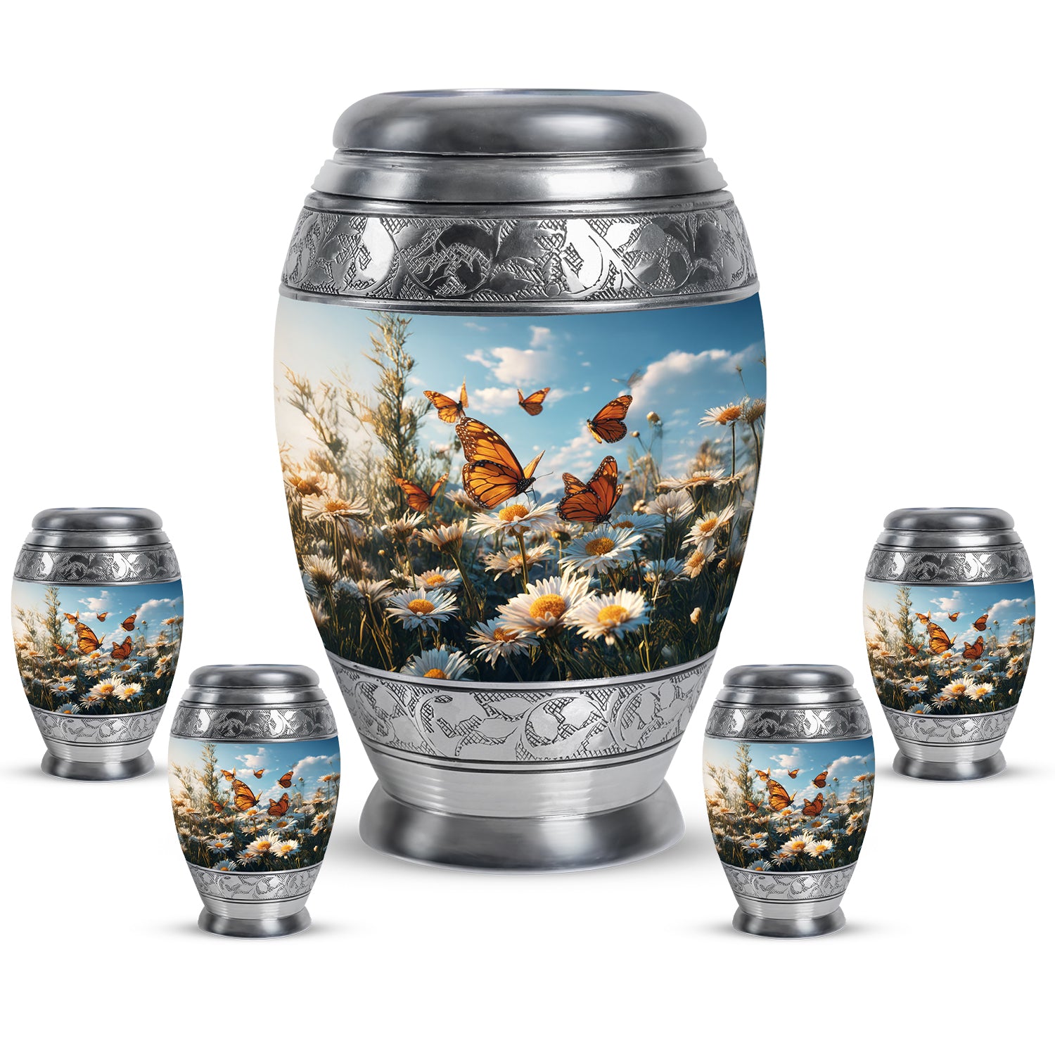 Cornflower Blue Daisy Cremation Urn detail view - majestic daisy pattern with filigree border - memorial set with one large and four small urns
