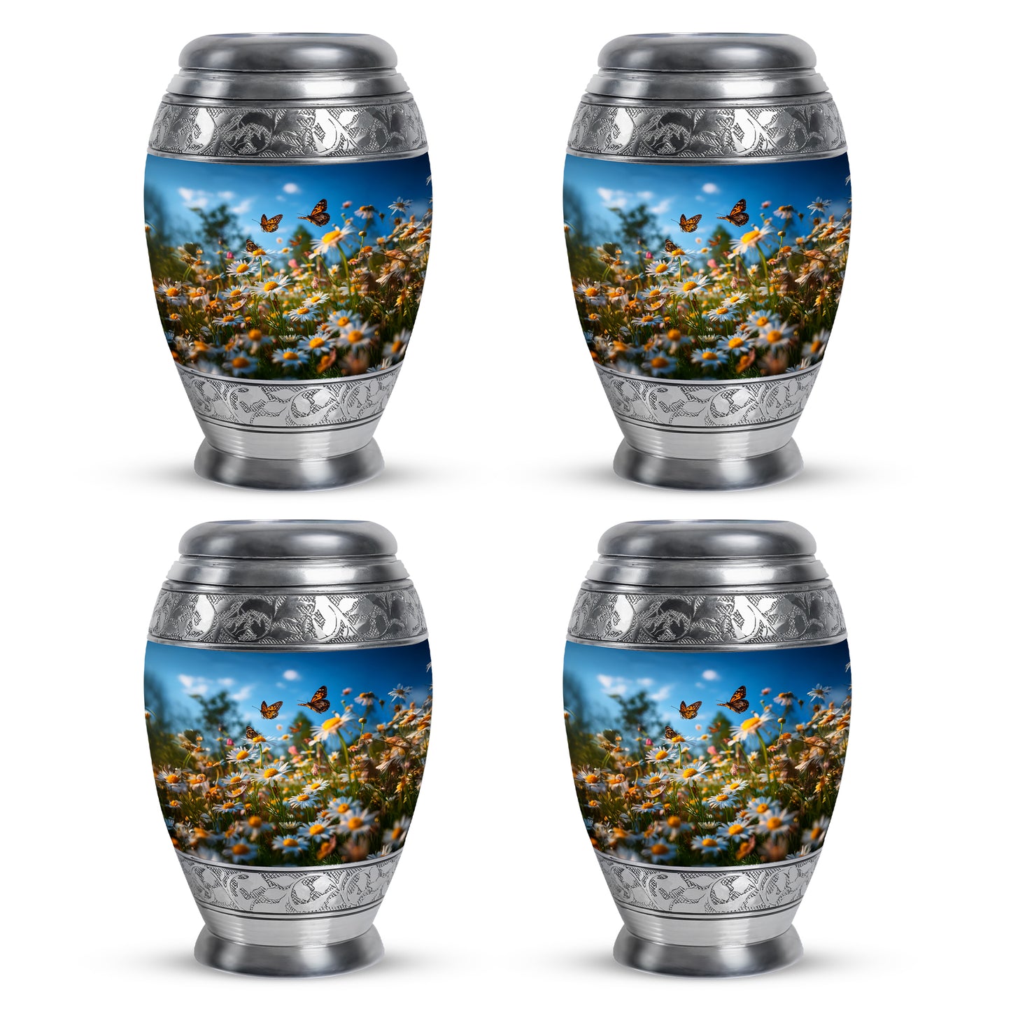Royal Blue Daisy Cremation Urn urn with complimentary velvet bag - royal daisy engraving with decorative scrollwork - 10 inch aluminum urn for cremated remains