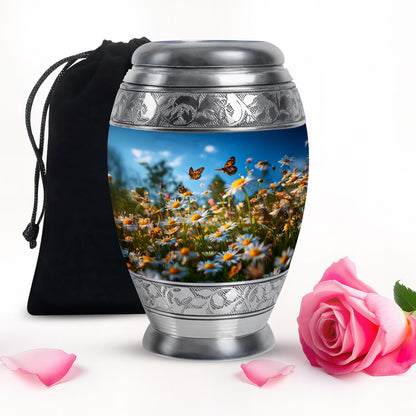Celestial Blue Daisy Cremation Urn back view with polished surface - regal daisy design with crown-inspired accents - full-size 10 inch 200 cubic inch adult cremation urn