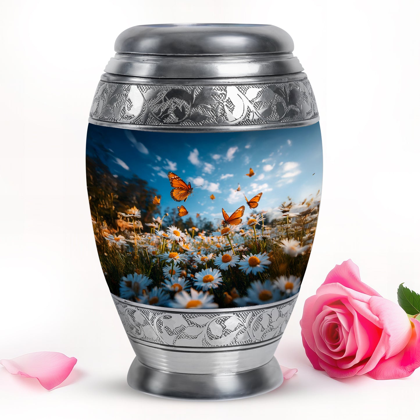 Blue Venerable Daisy Cremation Urns for Human Ashes - 10-inch, 200 cu in - Yatskia