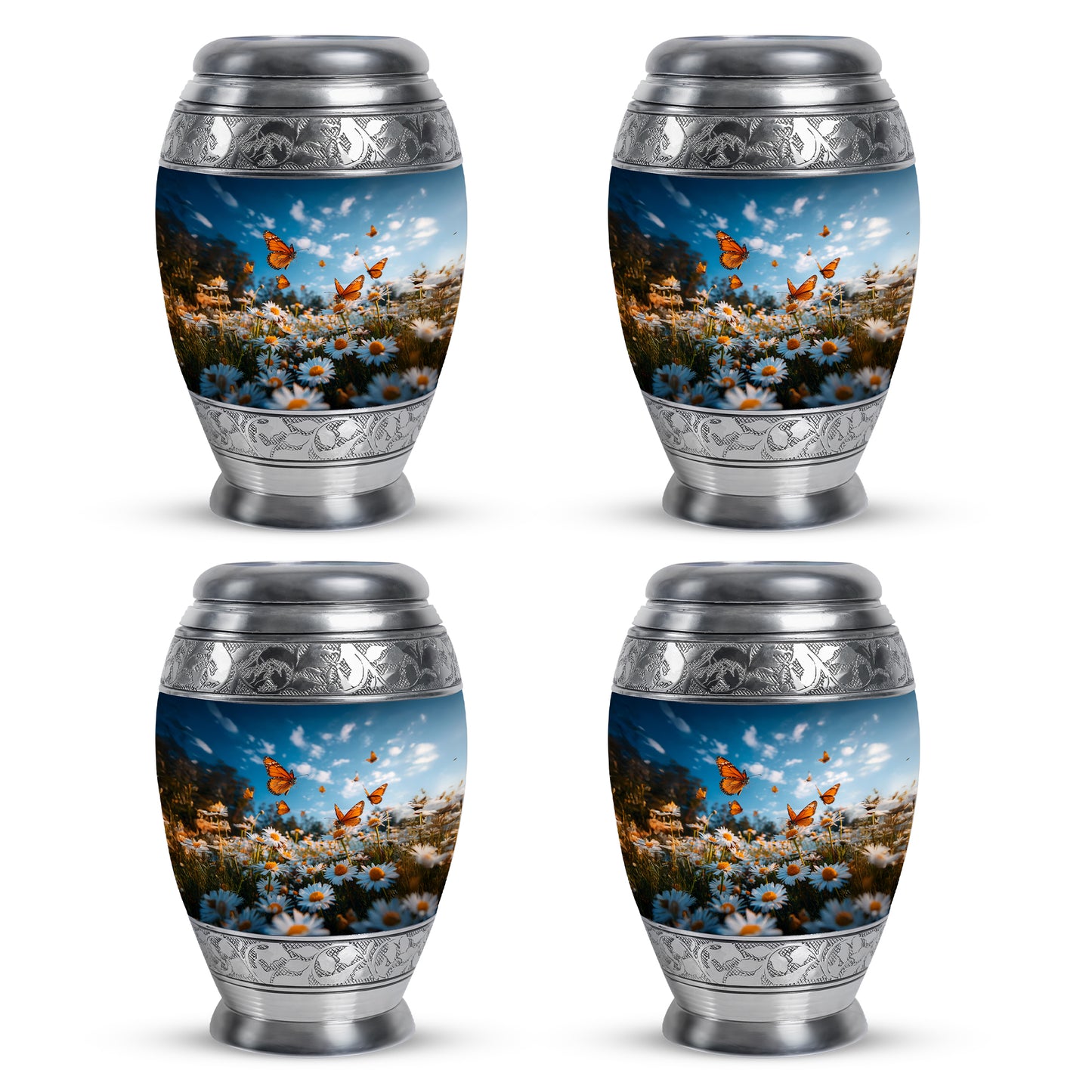 Powder Blue Daisy Cremation Urn urn with complimentary velvet bag - ornate monarch-style daisy relief on brushed aluminum - 10 inch aluminum urn for cremated remains