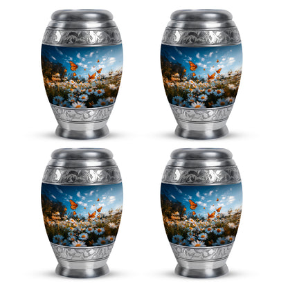 Powder Blue Daisy Cremation Urn urn with complimentary velvet bag - ornate monarch-style daisy relief on brushed aluminum - 10 inch aluminum urn for cremated remains