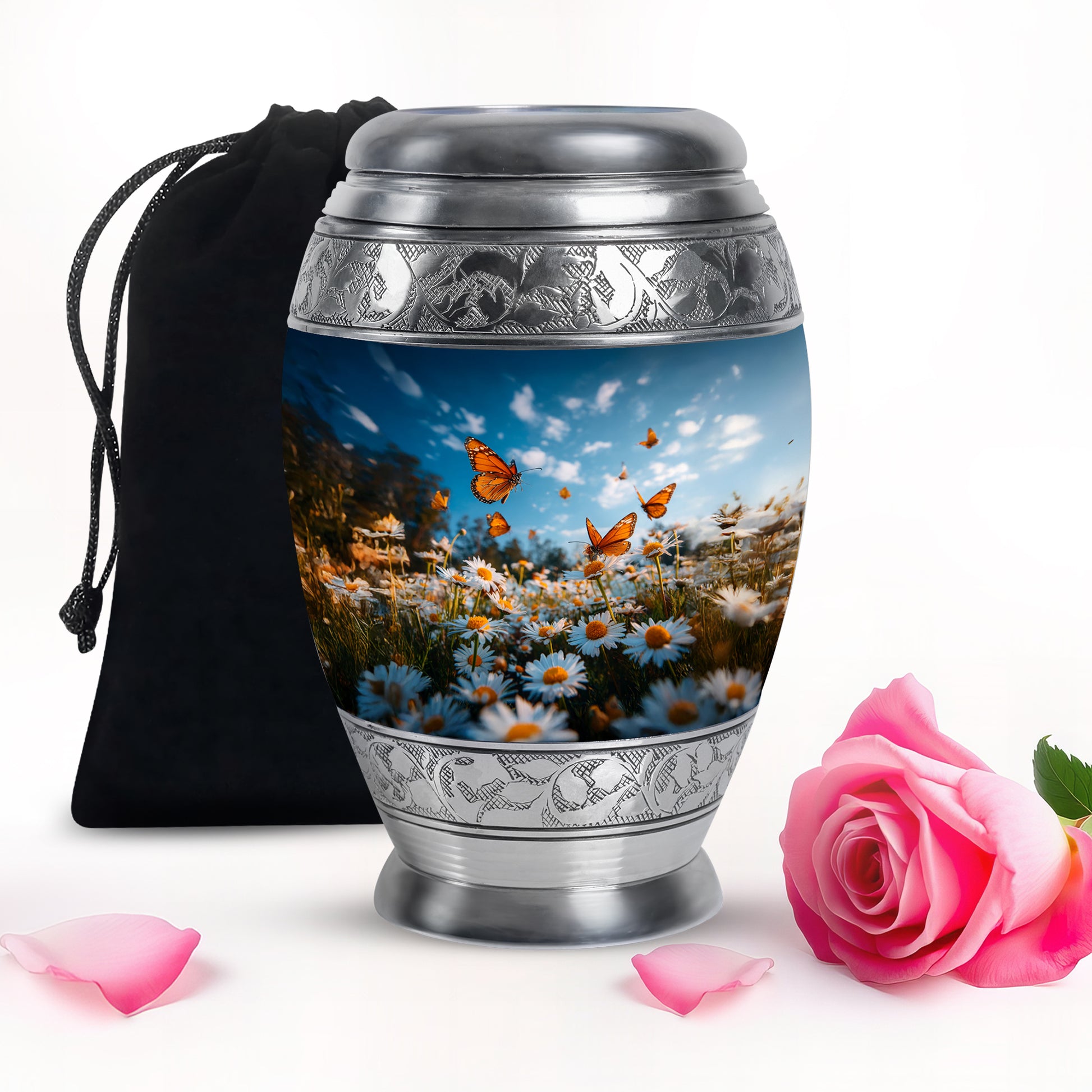 Sapphire Blue Daisy Cremation Urn back view with polished surface - royal daisy engraving with decorative scrollwork - full-size 10 inch 200 cubic inch adult cremation urn
