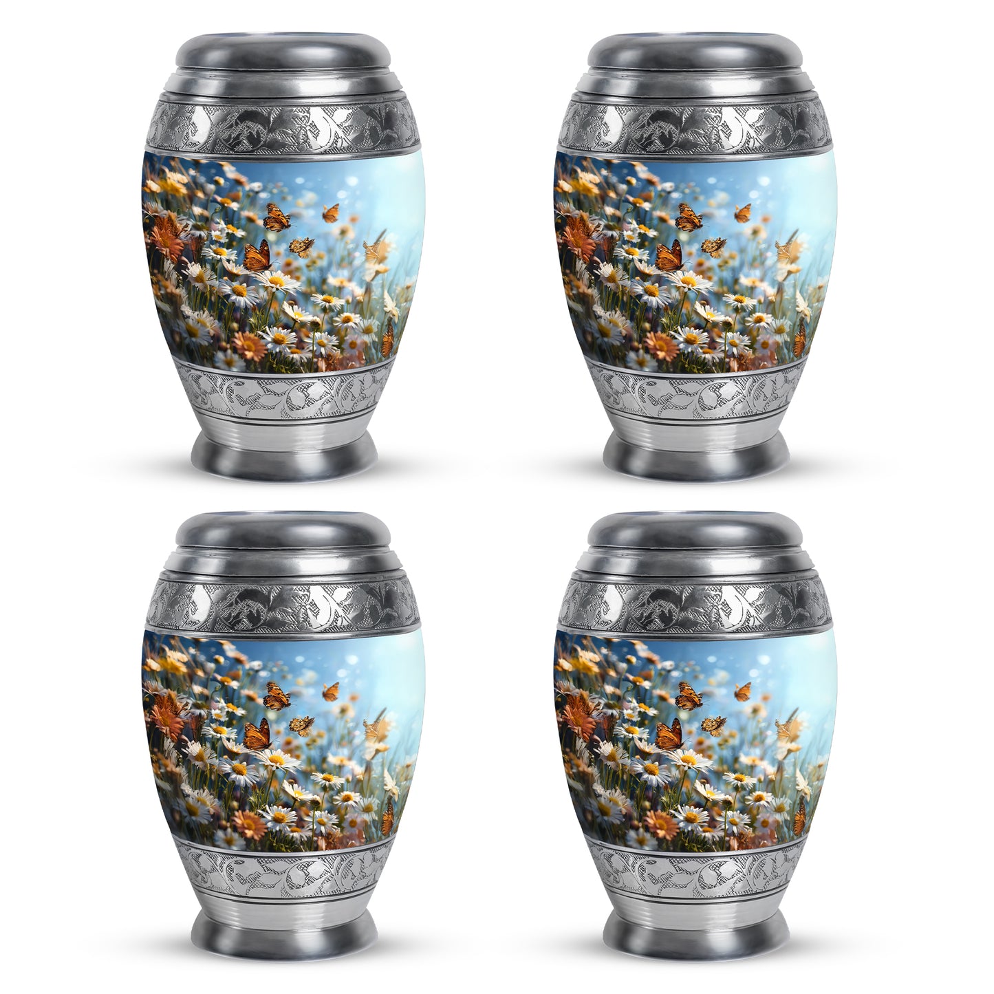 Misty Blue Daisy Cremation Urn urn with complimentary velvet bag - ornate monarch-style daisy relief on brushed aluminum - 10 inch aluminum urn for cremated remains