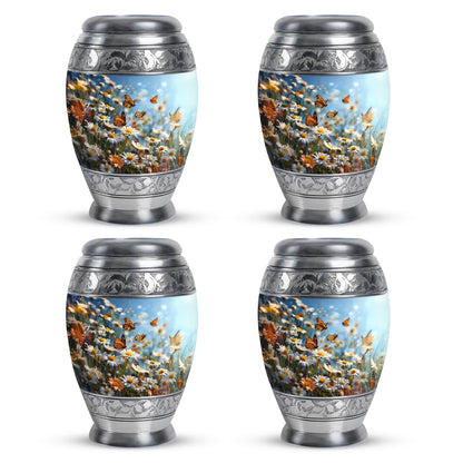 Misty Blue Daisy Cremation Urn urn with complimentary velvet bag - ornate monarch-style daisy relief on brushed aluminum - 10 inch aluminum urn for cremated remains