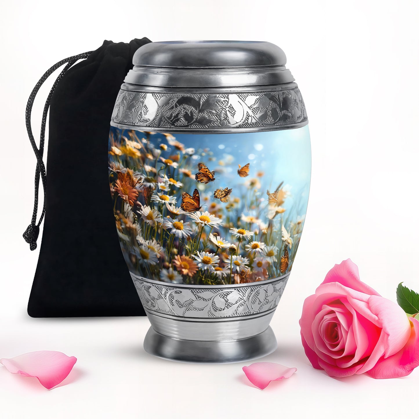 Azure Daisy Cremation Urn back view with polished surface - ornate monarch-style daisy relief on brushed aluminum - full-size 10 inch 200 cubic inch adult cremation urn