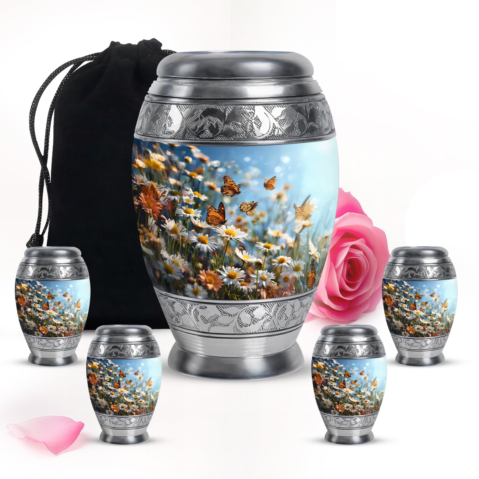 Vivid Blue Daisy Cremation Urn detail view - royal daisy engraving with decorative scrollwork - memorial set with one large and four small urns
