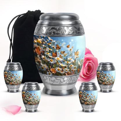 Vivid Blue Daisy Cremation Urn detail view - royal daisy engraving with decorative scrollwork - memorial set with one large and four small urns