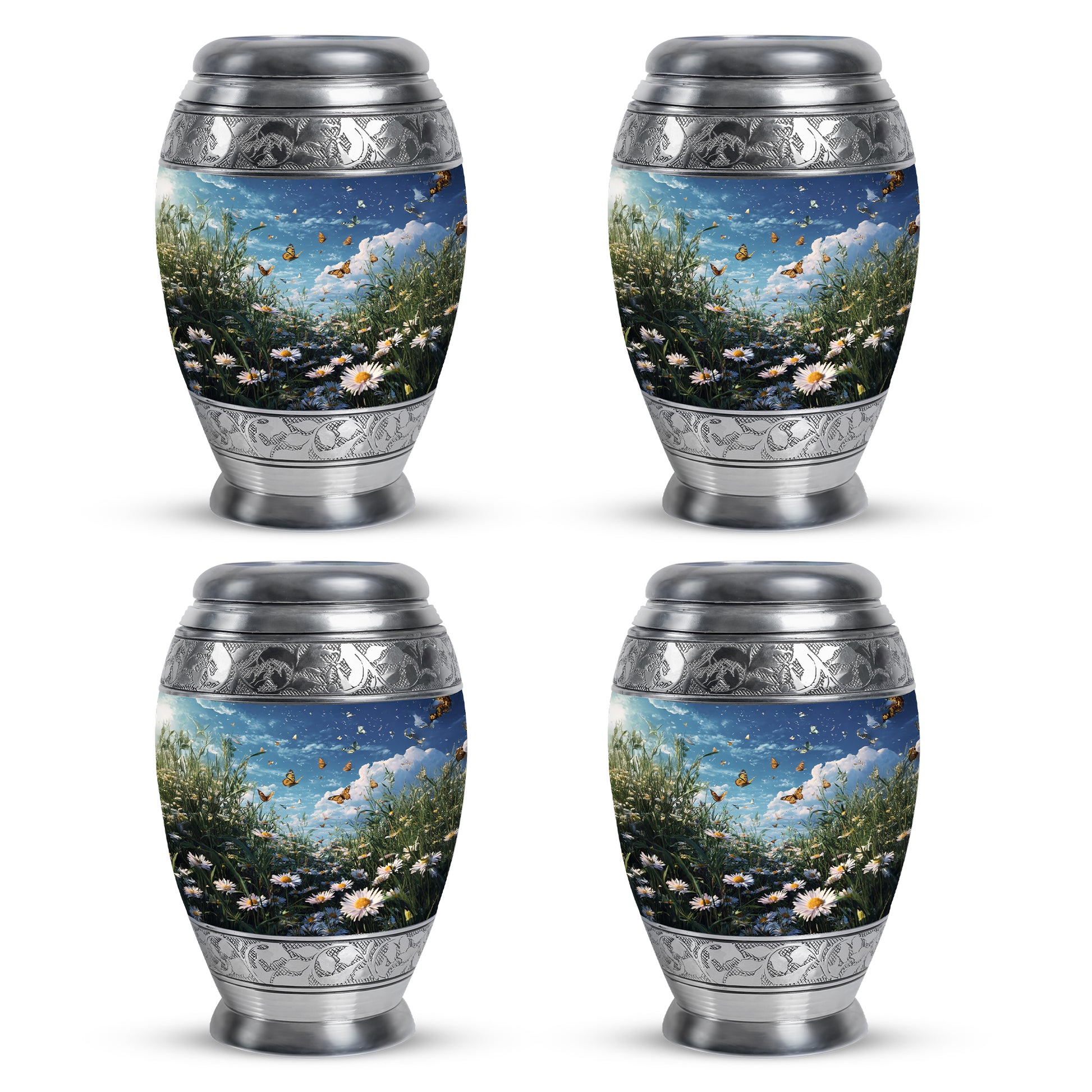 Bright Blue Daisy Cremation Urn urn with complimentary velvet bag - royal daisy engraving with decorative scrollwork - 10 inch aluminum urn for cremated remains