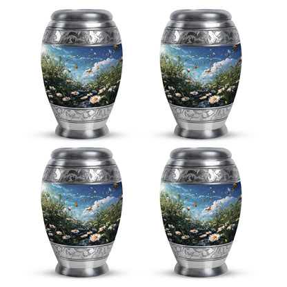 Bright Blue Daisy Cremation Urn urn with complimentary velvet bag - royal daisy engraving with decorative scrollwork - 10 inch aluminum urn for cremated remains