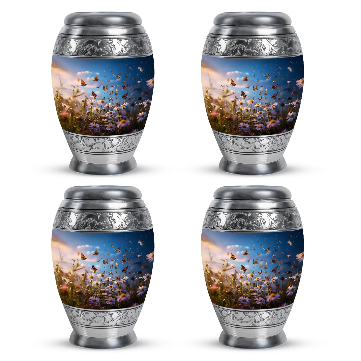 Calming Blue Daisy Cremation Urn urn with complimentary velvet bag - majestic daisy pattern with filigree border - 10 inch aluminum urn for cremated remains