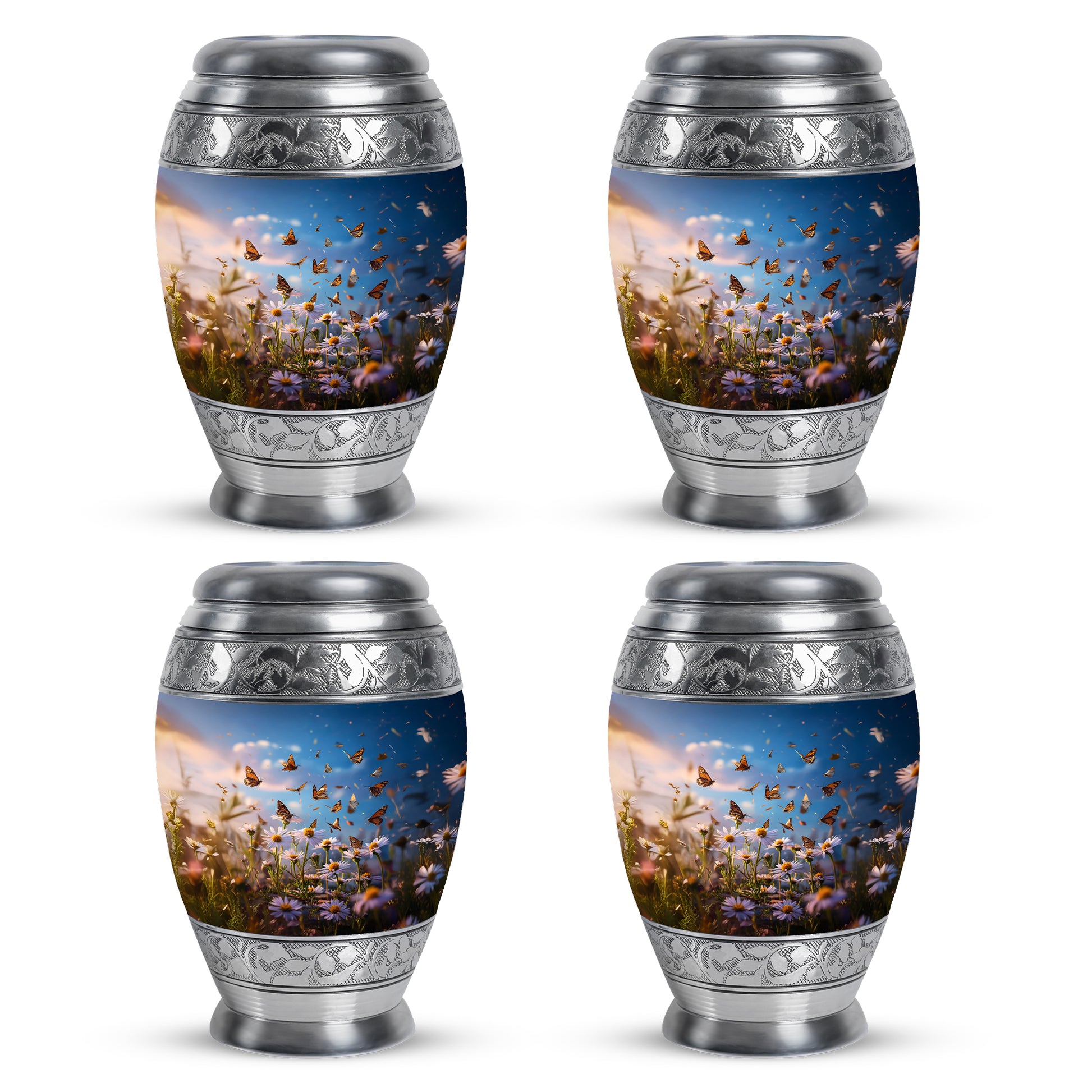 Calming Blue Daisy Cremation Urn urn with complimentary velvet bag - majestic daisy pattern with filigree border - 10 inch aluminum urn for cremated remains