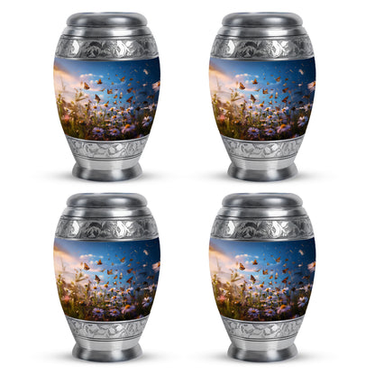 Calming Blue Daisy Cremation Urn urn with complimentary velvet bag - majestic daisy pattern with filigree border - 10 inch aluminum urn for cremated remains
