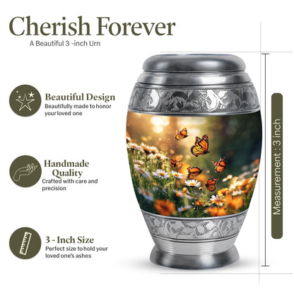 Burnished Gold Daisy Cremation Urn lifestyle display on memorial shelf - royal daisy engraving with decorative scrollwork - mini keepsake memorial for portion of cremation ashes