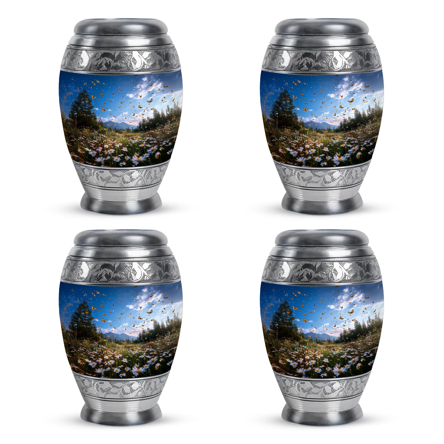 Azure Daisy Cremation Urn urn with complimentary velvet bag - ornate monarch-style daisy relief on brushed aluminum - 10 inch aluminum urn for cremated remains