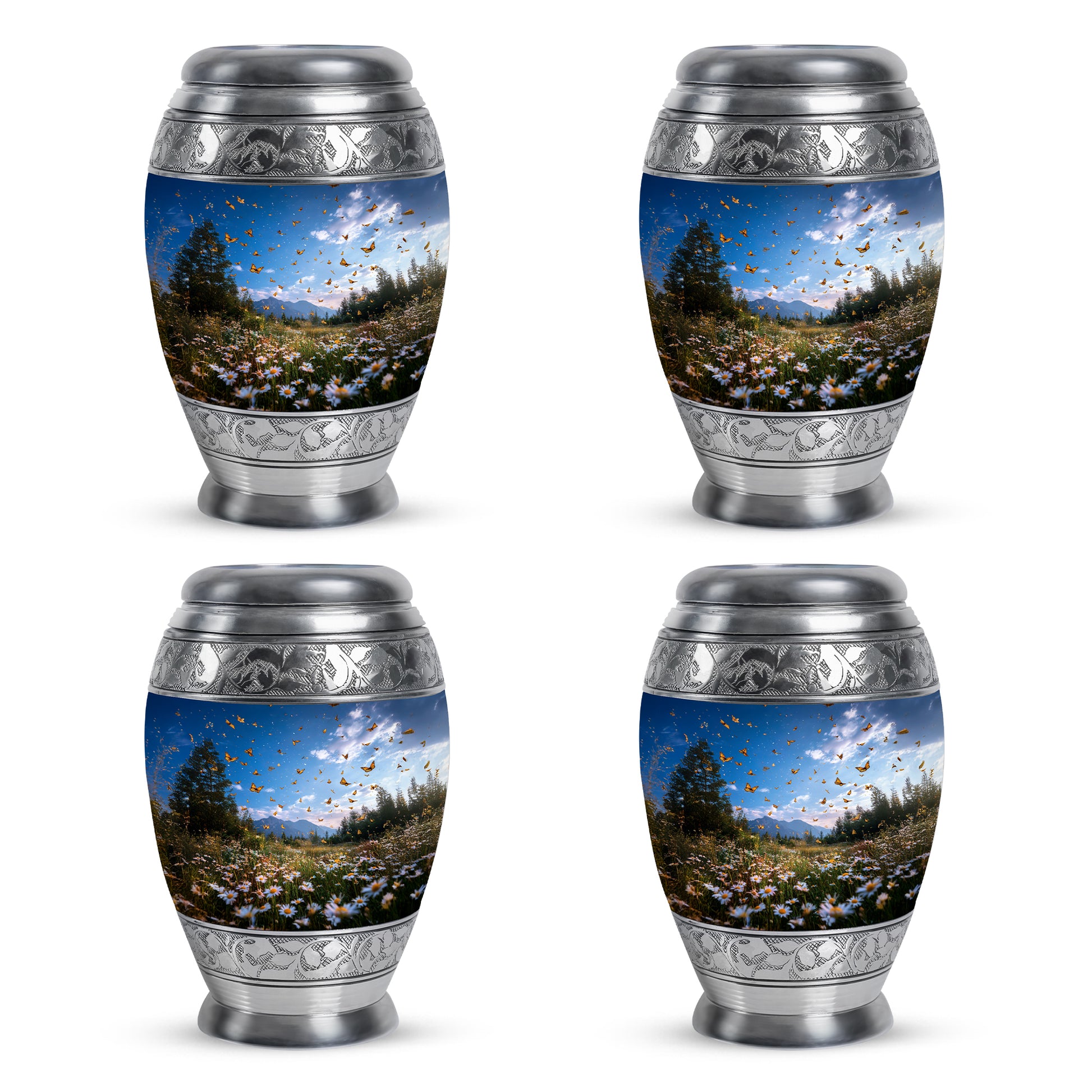 Azure Daisy Cremation Urn urn with complimentary velvet bag - ornate monarch-style daisy relief on brushed aluminum - 10 inch aluminum urn for cremated remains