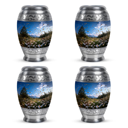 Azure Daisy Cremation Urn urn with complimentary velvet bag - ornate monarch-style daisy relief on brushed aluminum - 10 inch aluminum urn for cremated remains