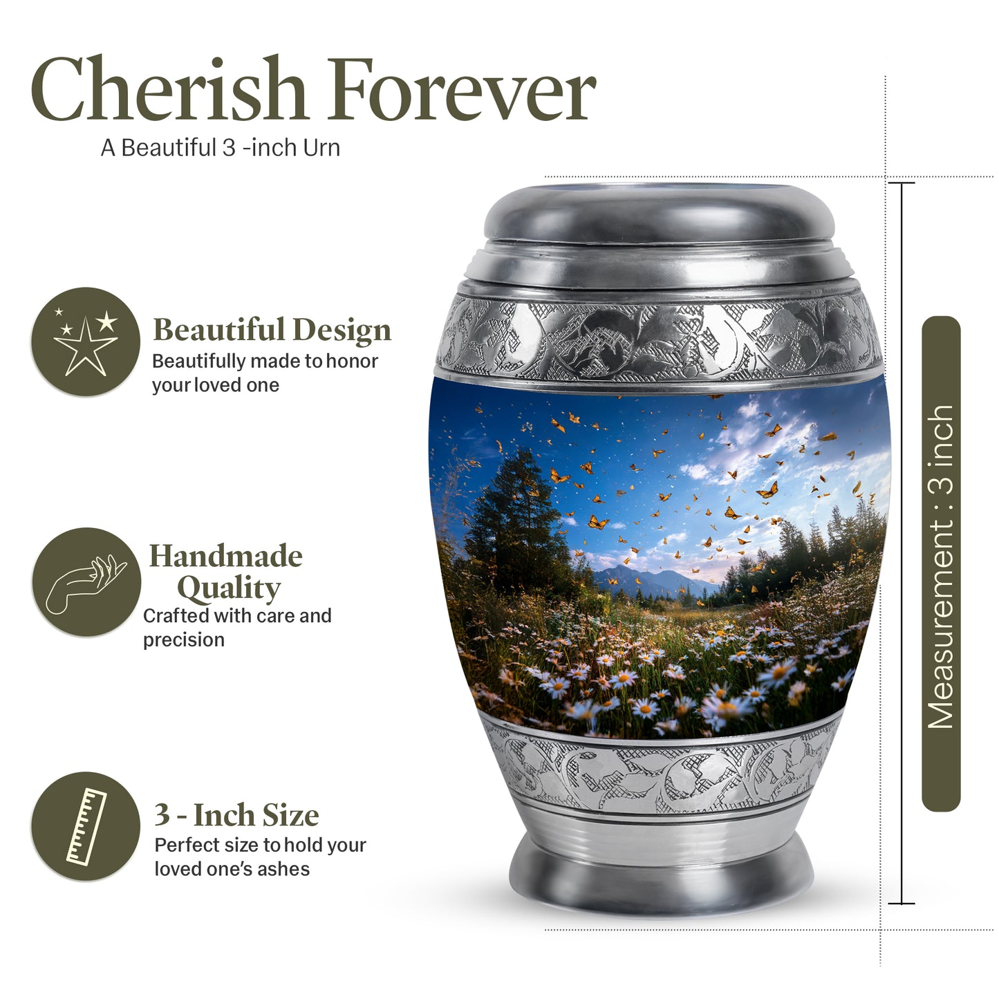 Serene Blue Daisy Cremation Urn lifestyle display on memorial shelf - majestic daisy pattern with filigree border - mini keepsake memorial for portion of cremation ashes
