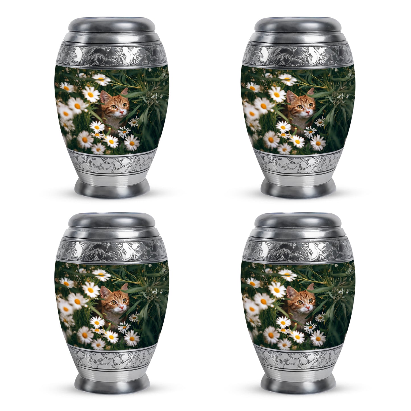 Verdant Green Daisy Cremation Urn urn with complimentary velvet bag - ornate monarch-style daisy relief on brushed aluminum - 10 inch aluminum urn for cremated remains