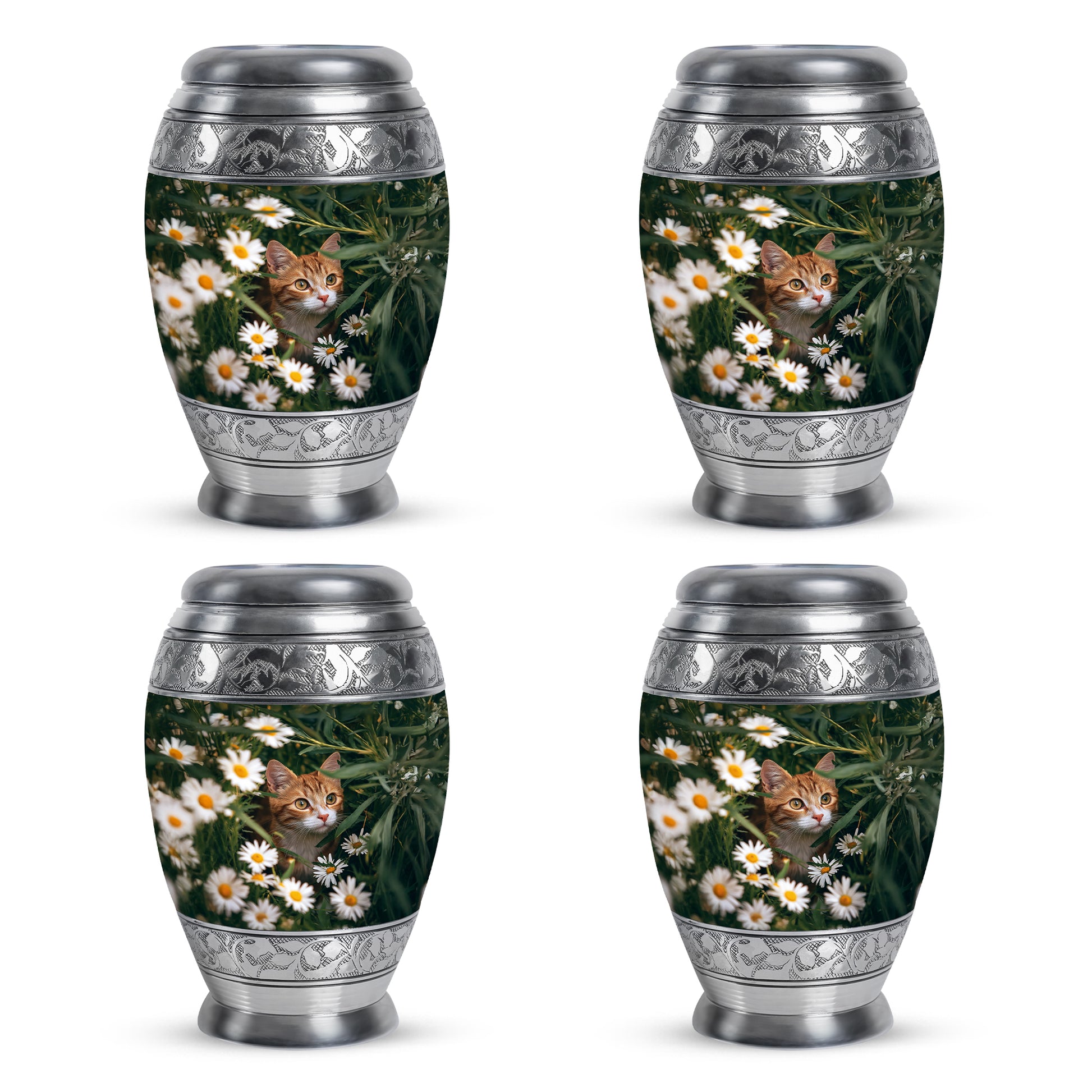 Verdant Green Daisy Cremation Urn urn with complimentary velvet bag - ornate monarch-style daisy relief on brushed aluminum - 10 inch aluminum urn for cremated remains
