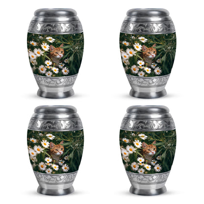 Verdant Green Daisy Cremation Urn urn with complimentary velvet bag - ornate monarch-style daisy relief on brushed aluminum - 10 inch aluminum urn for cremated remains