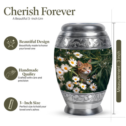 Pine Green Daisy Cremation Urn lifestyle display on memorial shelf - majestic daisy pattern with filigree border - mini keepsake memorial for portion of cremation ashes