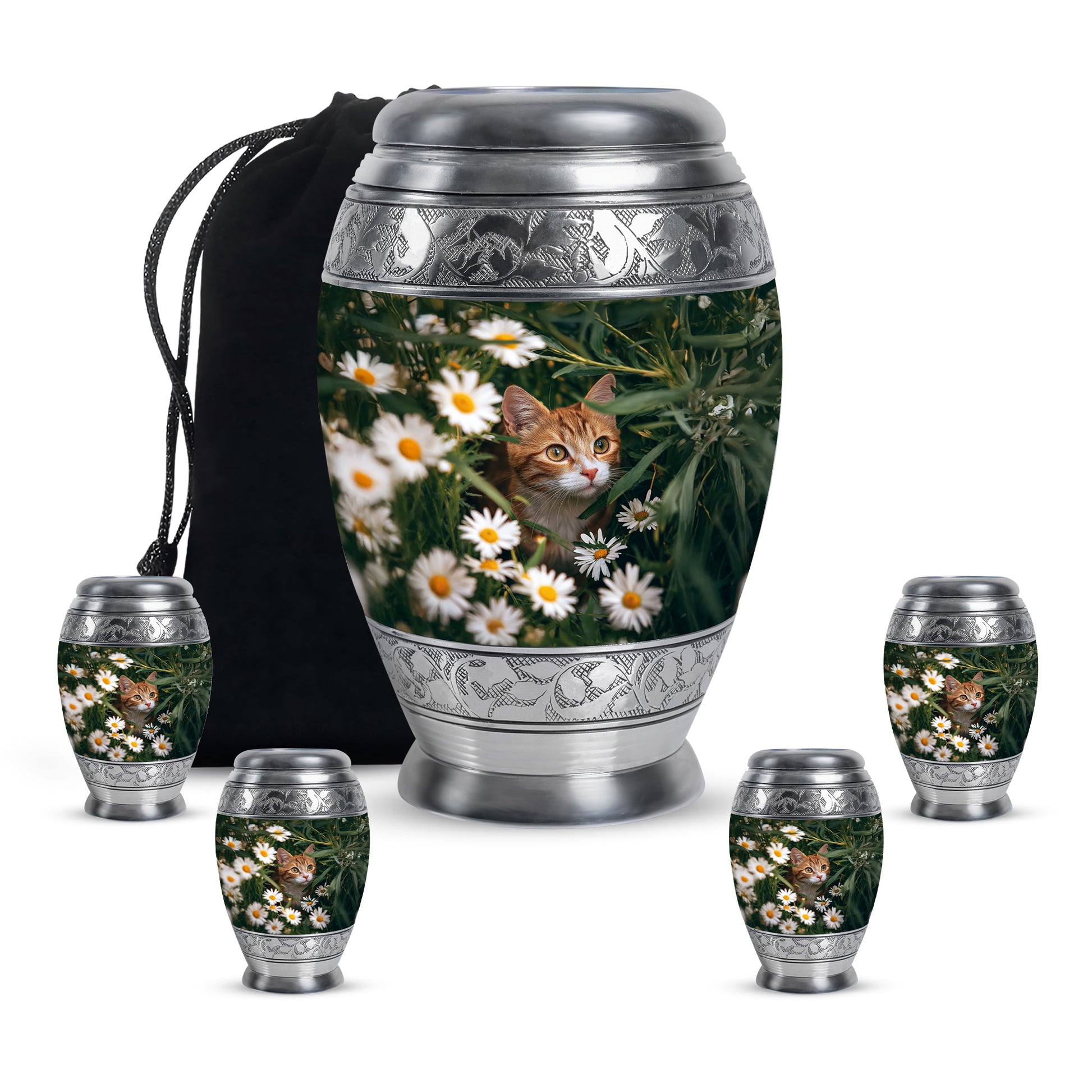 Sage Green Daisy Cremation Urn detail view - regal daisy design with crown-inspired accents - memorial set with one large and four small urns