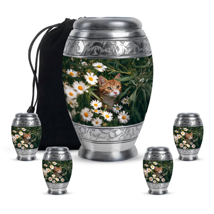 Sage Green Daisy Cremation Urn detail view - regal daisy design with crown-inspired accents - memorial set with one large and four small urns