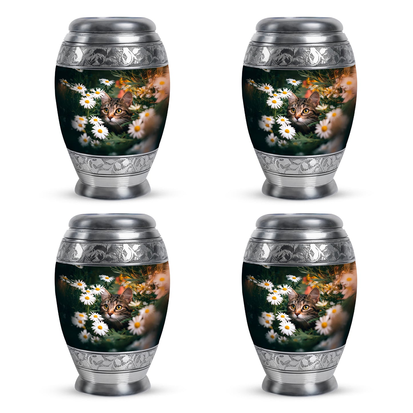 Pine Green Daisy Cremation Urn urn with complimentary velvet bag - royal daisy engraving with decorative scrollwork - 10 inch aluminum urn for cremated remains