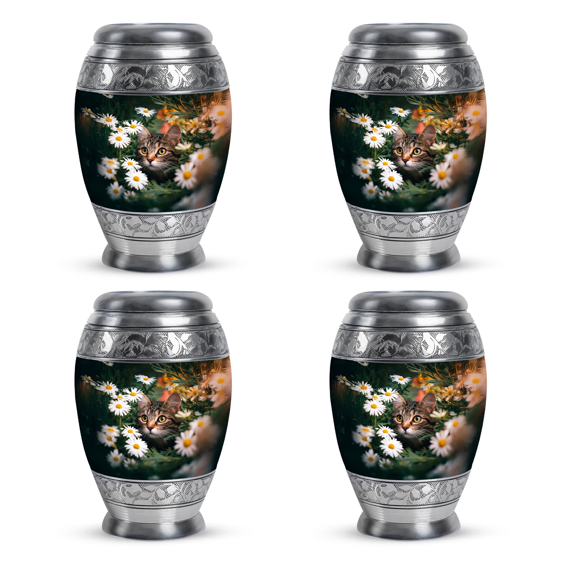 Pine Green Daisy Cremation Urn urn with complimentary velvet bag - royal daisy engraving with decorative scrollwork - 10 inch aluminum urn for cremated remains