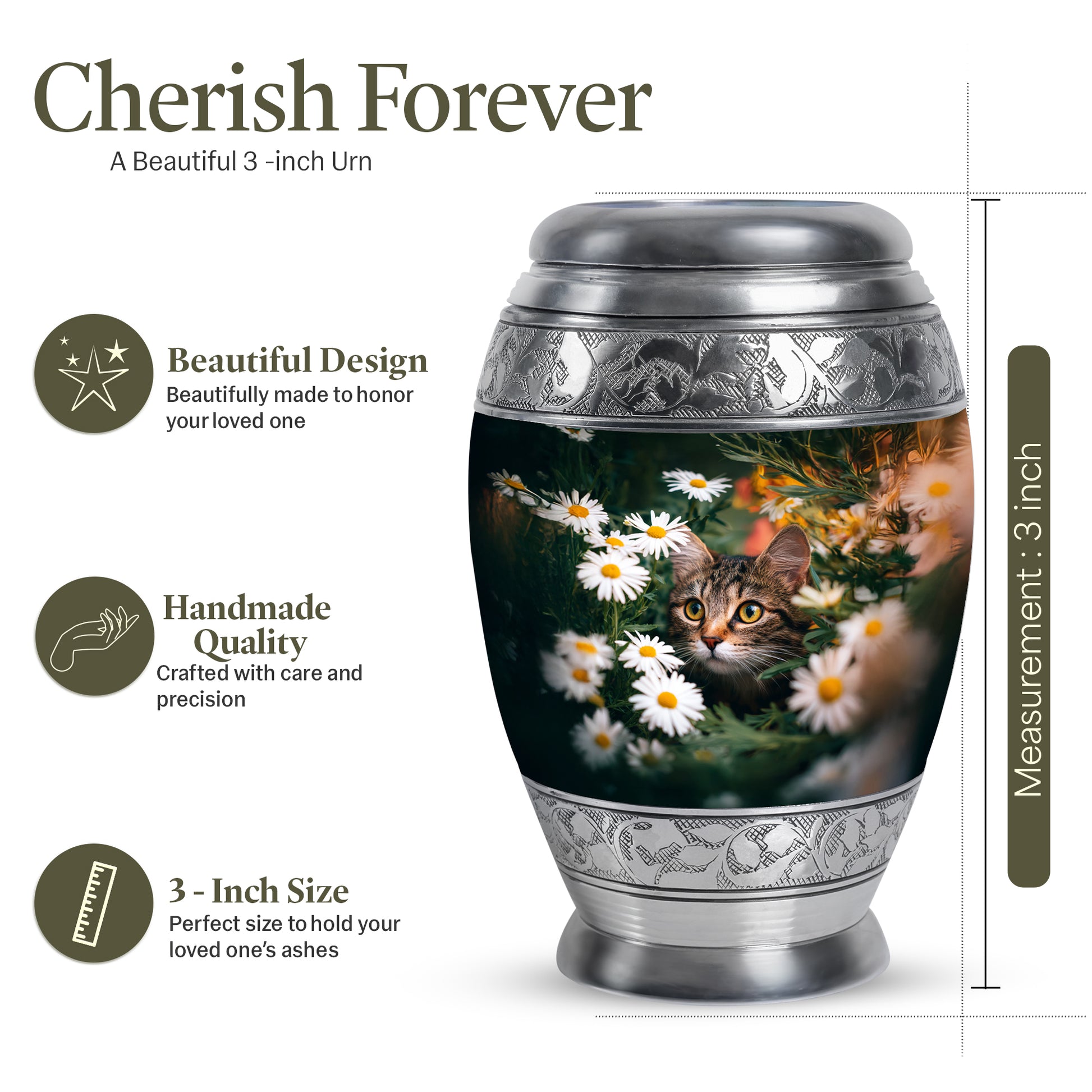 Pine Green Daisy Cremation Urn lifestyle display on memorial shelf - majestic daisy pattern with filigree border - mini keepsake memorial for portion of cremation ashes