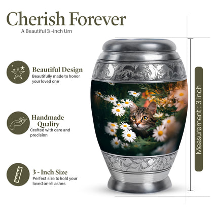 Pine Green Daisy Cremation Urn lifestyle display on memorial shelf - majestic daisy pattern with filigree border - mini keepsake memorial for portion of cremation ashes