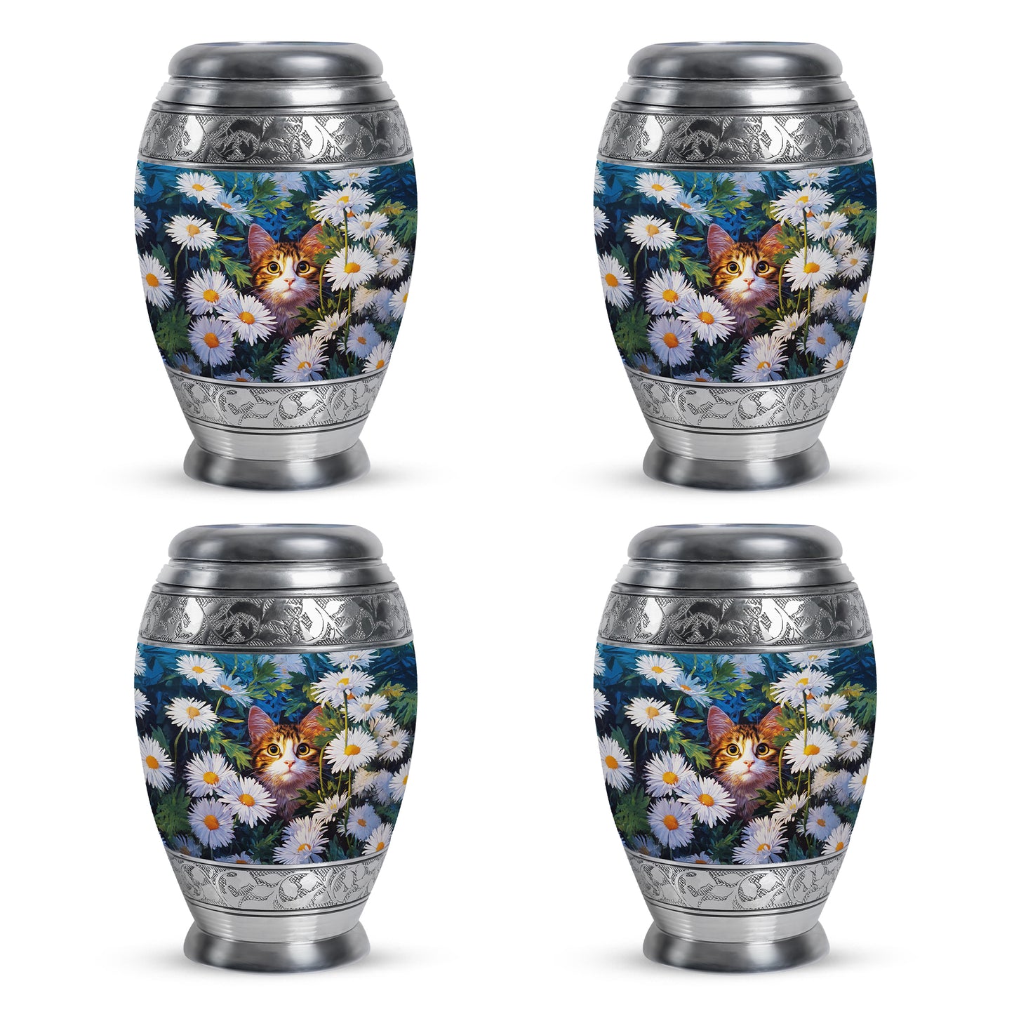 Steel Blue Daisy Cremation Urn urn with complimentary velvet bag - majestic daisy pattern with filigree border - 10 inch aluminum urn for cremated remains