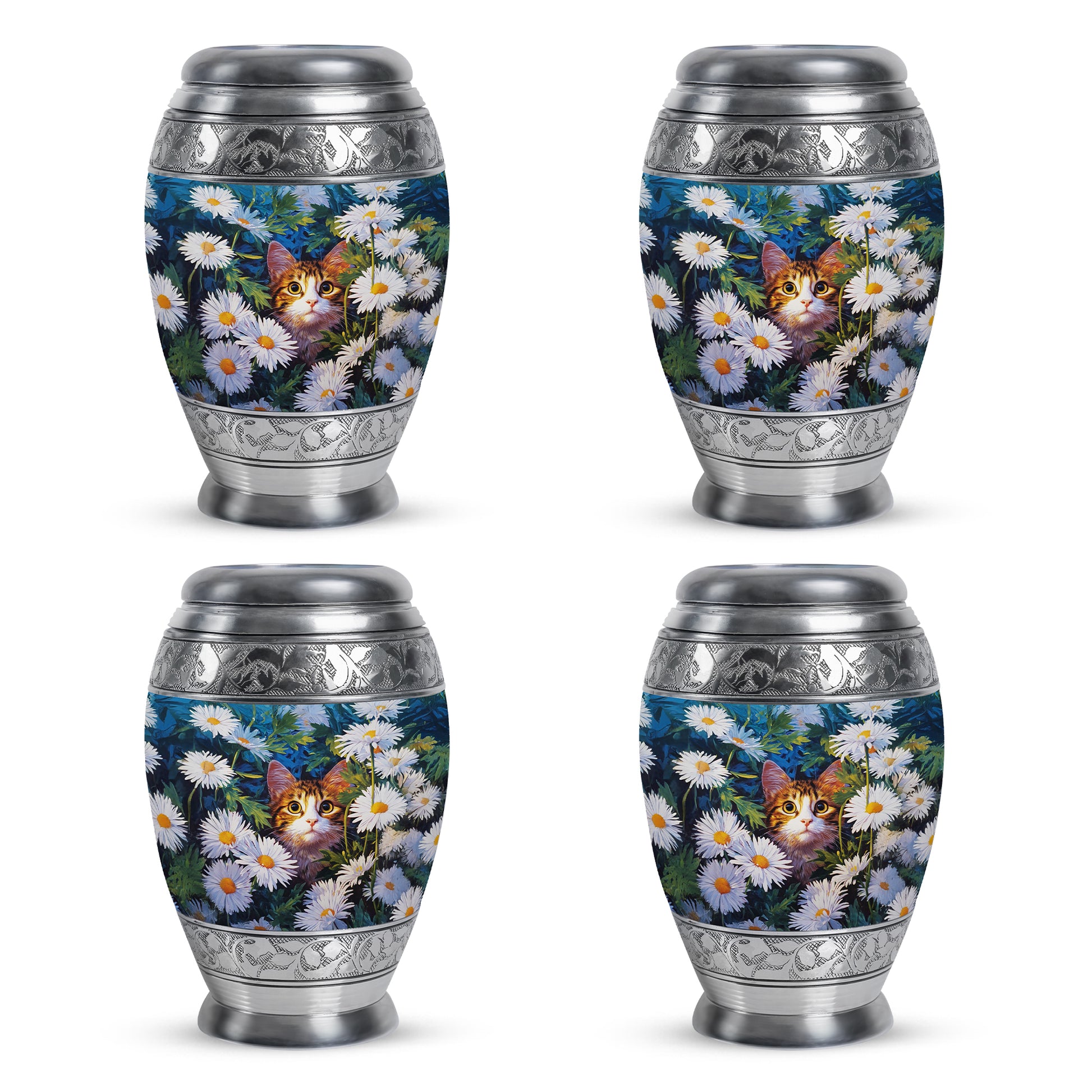 Steel Blue Daisy Cremation Urn urn with complimentary velvet bag - majestic daisy pattern with filigree border - 10 inch aluminum urn for cremated remains