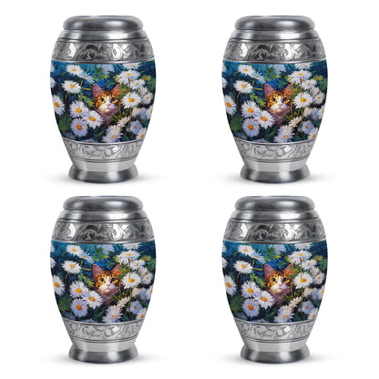 Steel Blue Daisy Cremation Urn urn with complimentary velvet bag - majestic daisy pattern with filigree border - 10 inch aluminum urn for cremated remains