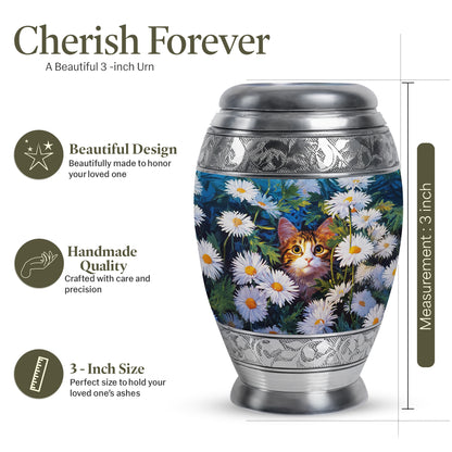 Serene Blue Daisy Cremation Urn lifestyle display on memorial shelf - majestic daisy pattern with filigree border - mini keepsake memorial for portion of cremation ashes