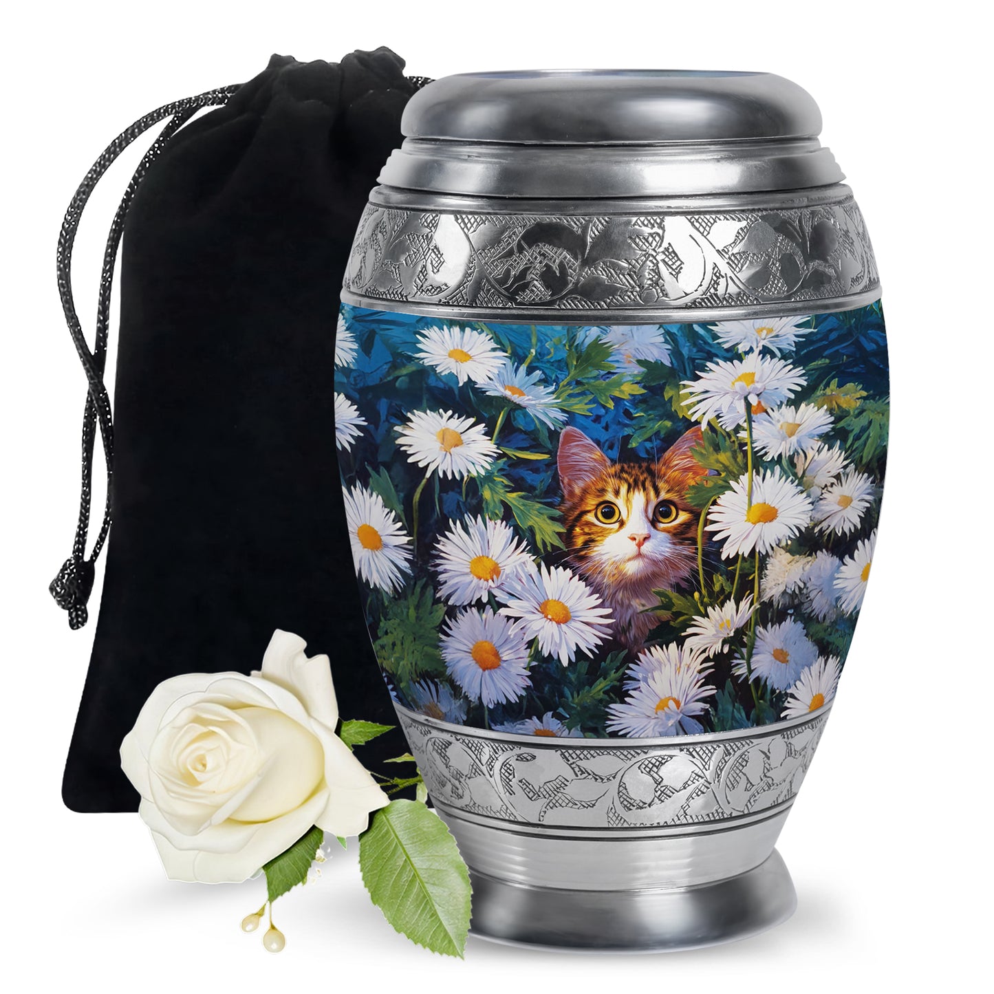 Slate Blue Daisy Cremation Urn back view with polished surface - ornate monarch-style daisy relief on brushed aluminum - full-size 10 inch 200 cubic inch adult cremation urn