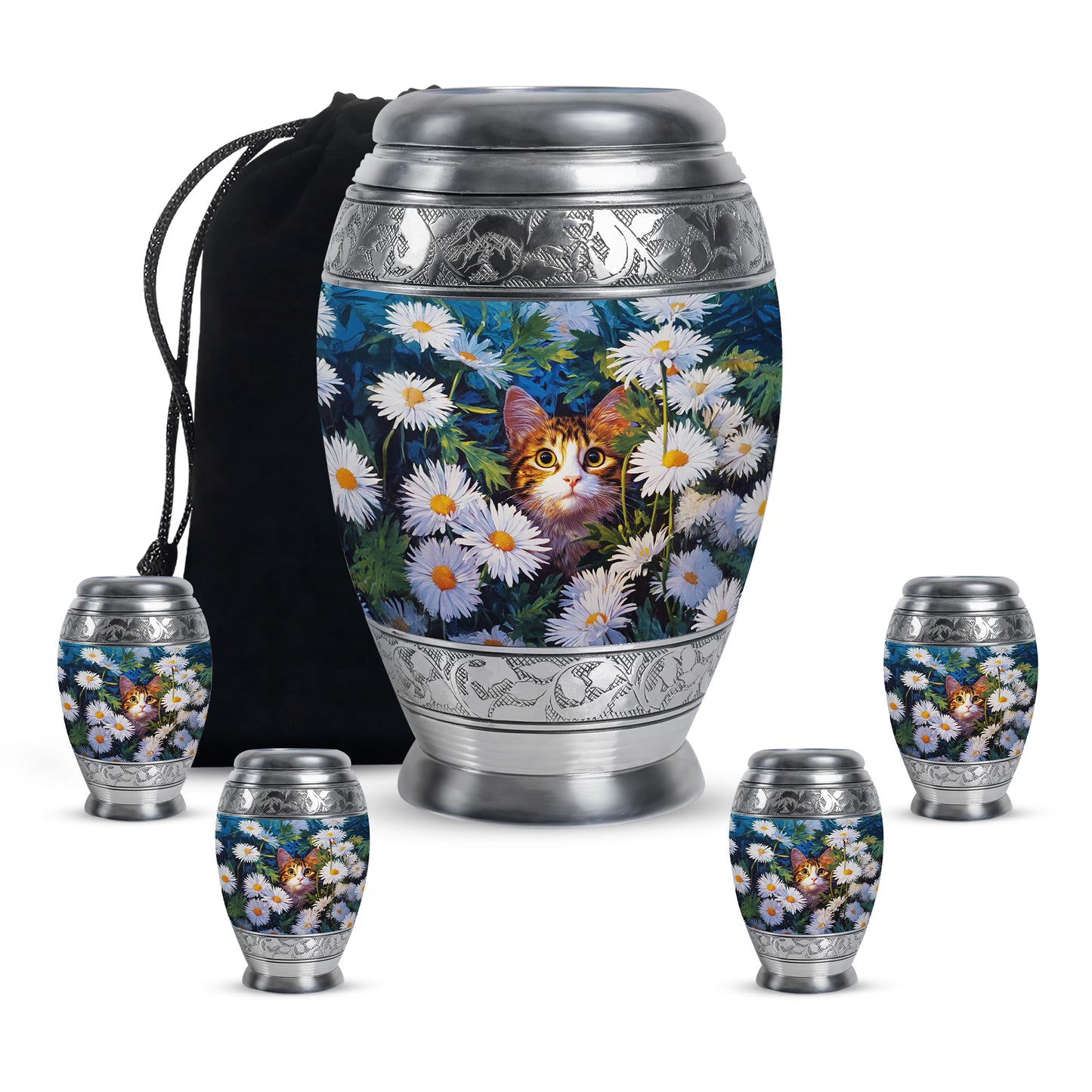 Sapphire Blue Daisy Cremation Urn detail view - royal daisy engraving with decorative scrollwork - memorial set with one large and four small urns