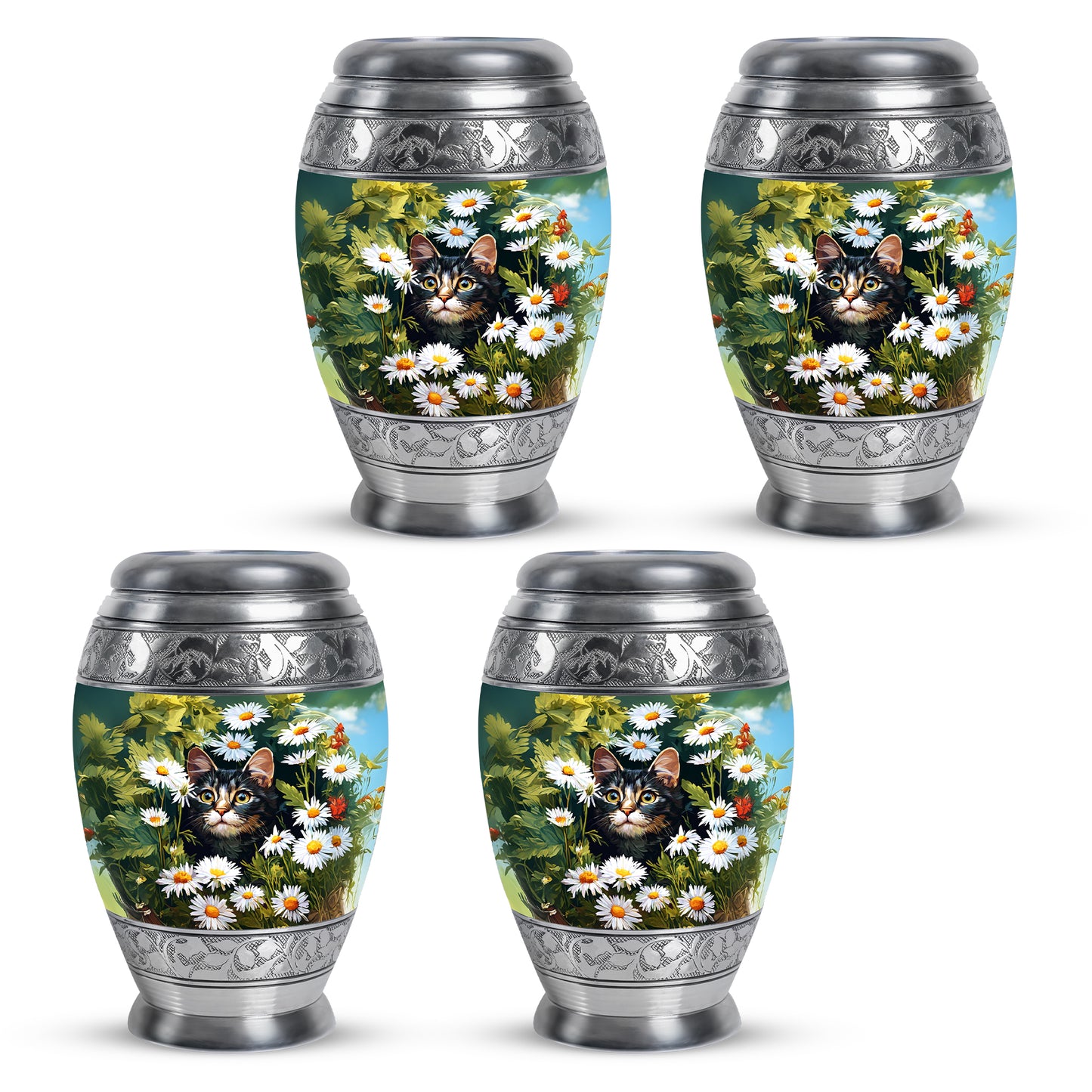 Marigold Yellow Daisy Cremation Urn urn with complimentary velvet bag - royal daisy engraving with decorative scrollwork - 10 inch aluminum urn for cremated remains