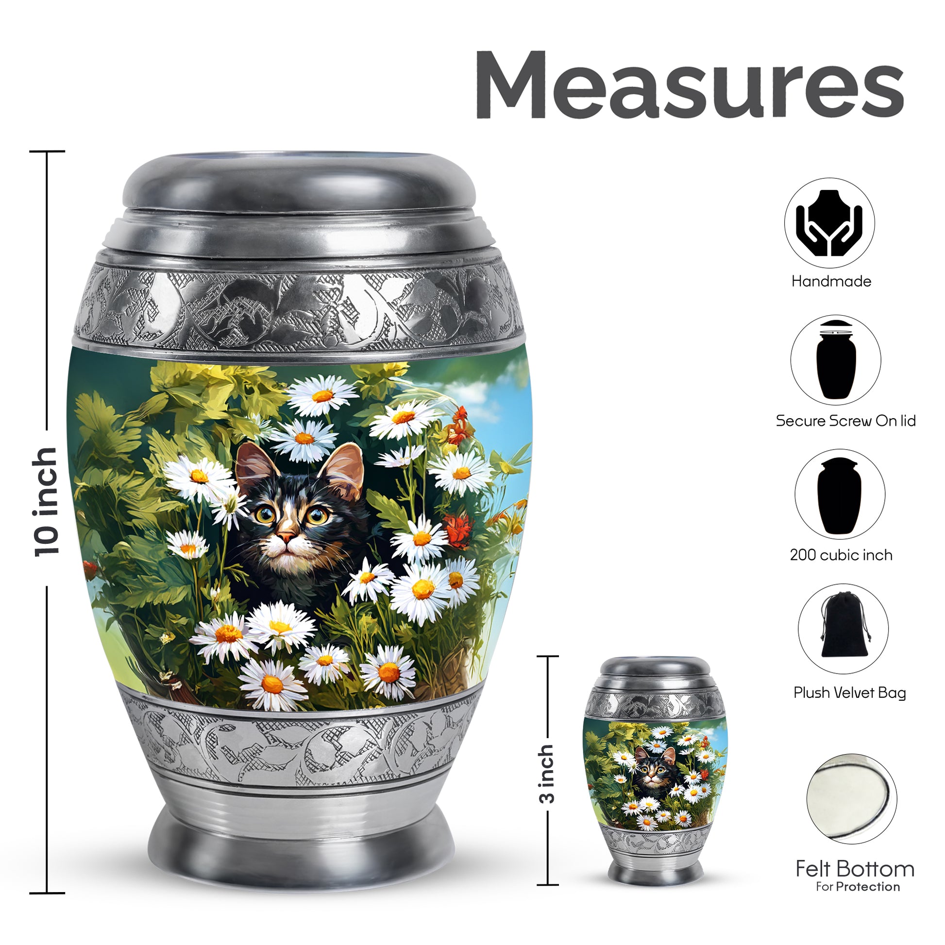 Lemon Yellow Daisy Cremation Urn lifestyle display on memorial shelf - majestic daisy pattern with filigree border - mini keepsake memorial for portion of cremation ashes