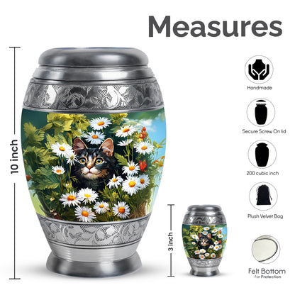 Lemon Yellow Daisy Cremation Urn lifestyle display on memorial shelf - majestic daisy pattern with filigree border - mini keepsake memorial for portion of cremation ashes