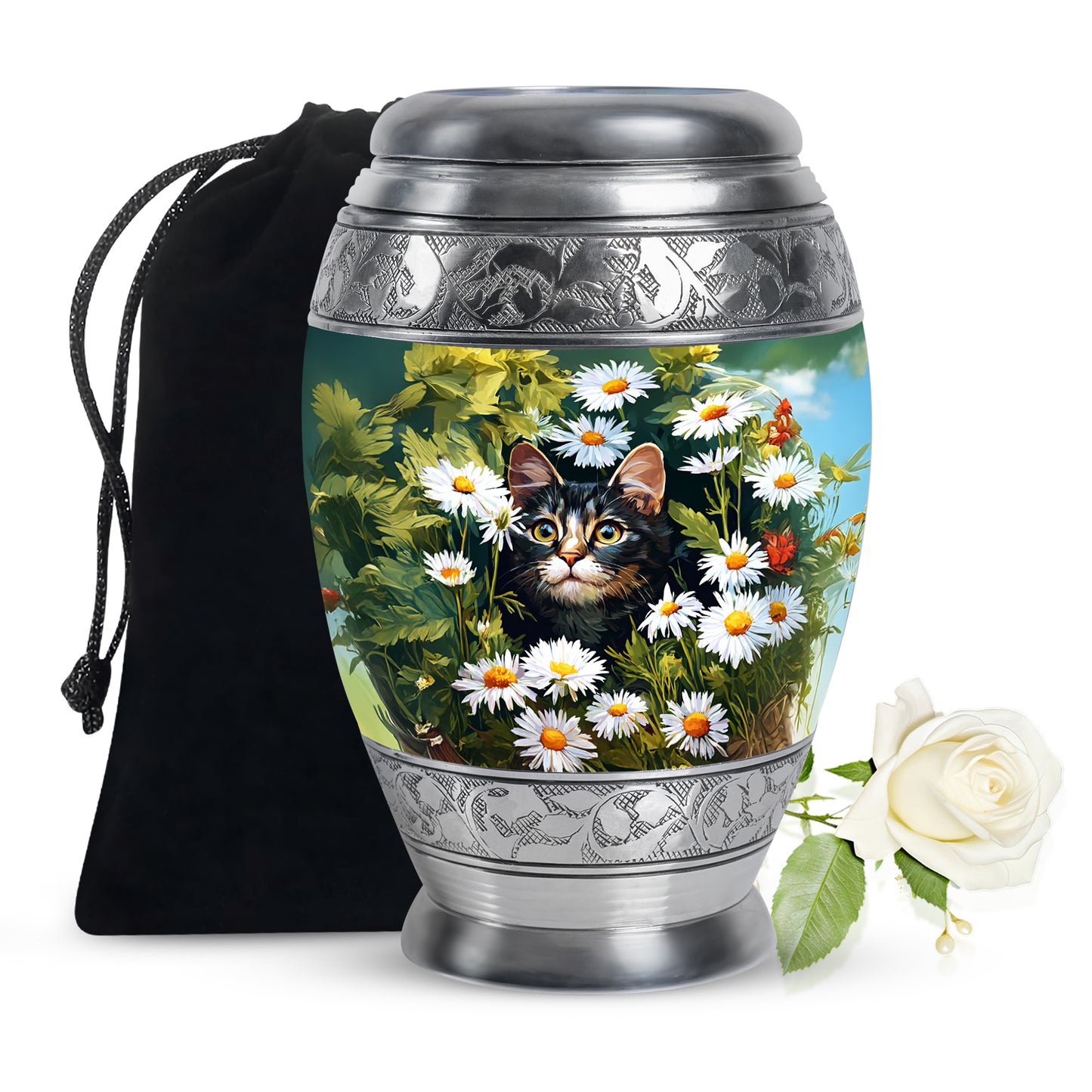 Marigold Yellow Daisy Cremation Urn back view with polished surface - royal daisy engraving with decorative scrollwork - full-size 10 inch 200 cubic inch adult cremation urn