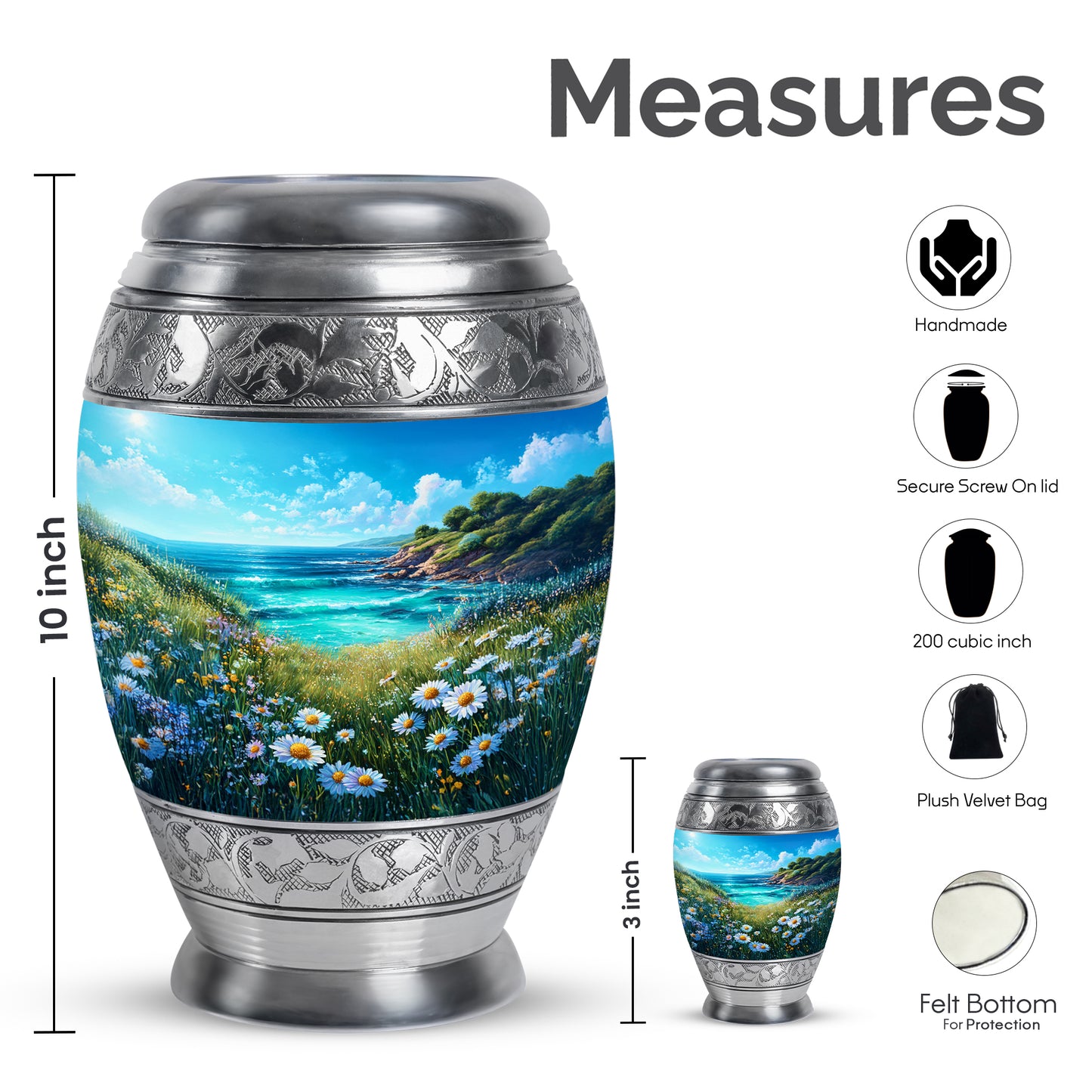 Vivid Blue Daisy Cremation Urn lifestyle display on memorial shelf - majestic daisy pattern with filigree border - mini keepsake memorial for portion of cremation ashes