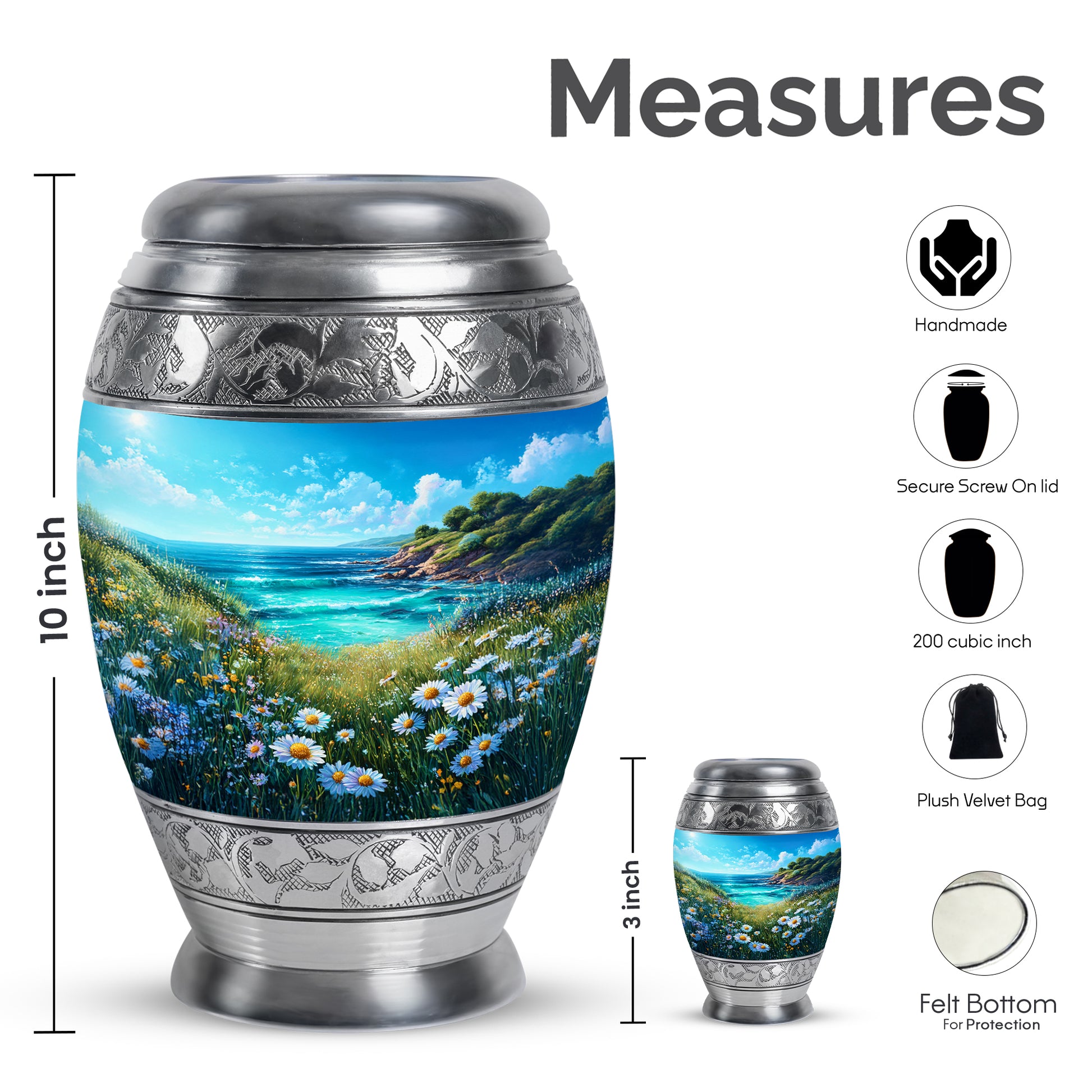Vivid Blue Daisy Cremation Urn lifestyle display on memorial shelf - majestic daisy pattern with filigree border - mini keepsake memorial for portion of cremation ashes