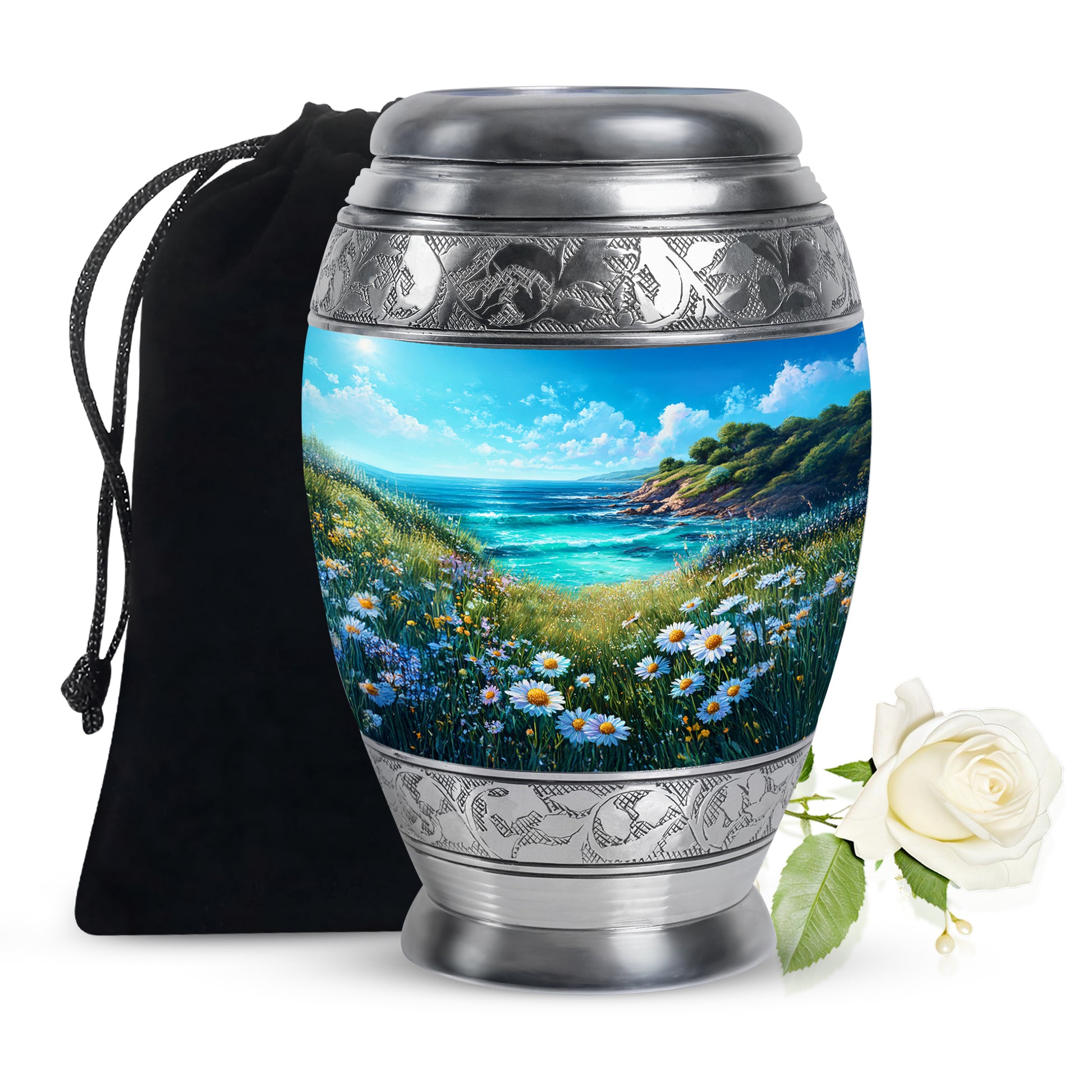 Navy Blue Daisy Cremation Urn back view with polished surface - ornate monarch-style daisy relief on brushed aluminum - full-size 10 inch 200 cubic inch adult cremation urn